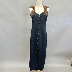 Jessica Howard 90s black button up sheath maxi dress Leopard print detail Size 8